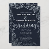 Elegante Navy Blue Silver Gezeichnet Blumenzwiebel Einladung (Vorne/Hinten)