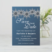 Elegante Navy Blue Silver Snowflake Save the Date (Stehend Vorderseite)