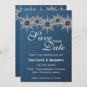 Elegante Navy Blue Silver Snowflake Save the Date (Vorne/Hinten)
