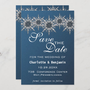 Elegante Navy Blue Silver Snowflake Save the Date