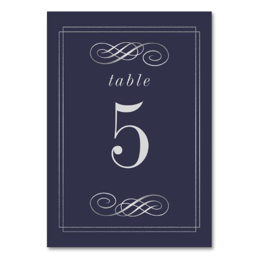 Elegante Navy Blue Silver Wedding Tischnummern (Vorderseite)