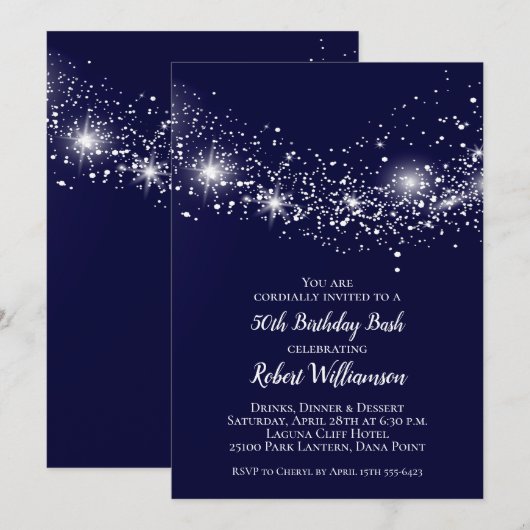 Elegante Navy Blue Sky und Stars Birthday Einladung (Vorne/Hinten)