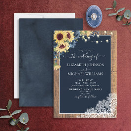 Elegante Navy Blue Sunflower Wood Lace Wedding Einladung