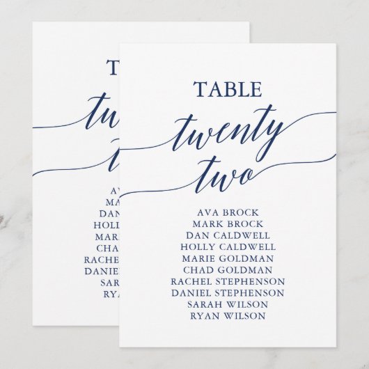 Elegante Navy Blue Tischnummer 22 Seating Chart (Vorne/Hinten)