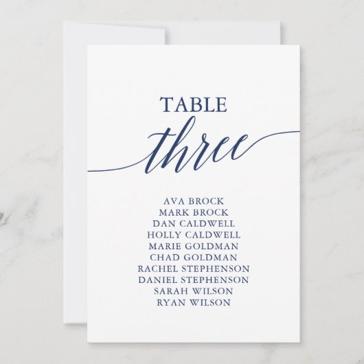 Elegante Navy Blue Tischnummer 3 Seating Chart (Vorderseite)
