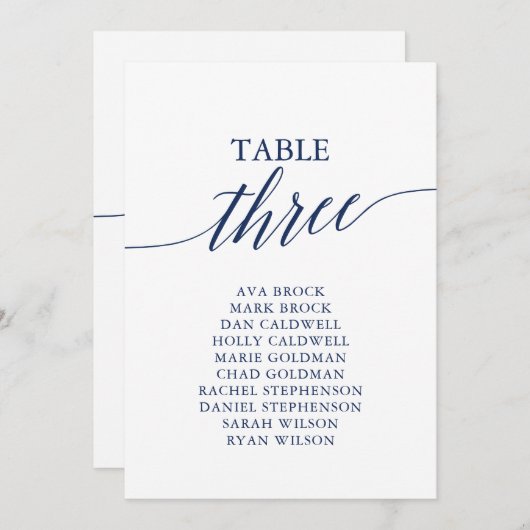 Elegante Navy Blue Tischnummer 3 Seating Chart (Vorne/Hinten)