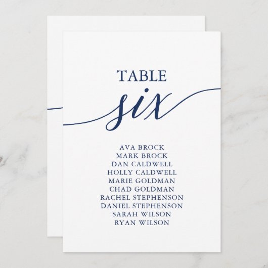 Elegante Navy Blue Tischnummer 6 Seating Chart (Vorne/Hinten)