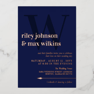 Elegante Navy Blue Typografy Arrow Rose Gold Folieneinladung