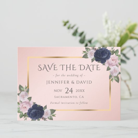 Elegante Navy Blue und Blush Wedding speichern das Save The Date (Stehend Vorderseite)