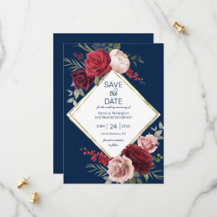 Elegante Navy Blue und Burgund Floral Wasserfarbe Save The Date