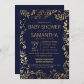 Elegante Navy Blue und Gold Floral Baby Dusche Einladung (Vorne/Hinten)