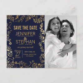 Elegante Navy Blue und Gold Floral Save the Dates Ankündigungspostkarte