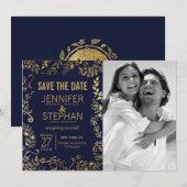 Elegante Navy Blue und Gold Floral Save the Dates Date (Vorne/Hinten)