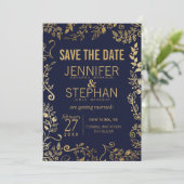 Elegante Navy Blue und Gold Floral Save the Dates Einladung (Stehend Vorderseite)
