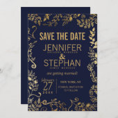 Elegante Navy Blue und Gold Floral Save the Dates Einladung (Vorne/Hinten)