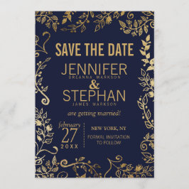 Elegante Navy Blue und Gold Floral Save the Dates Einladung