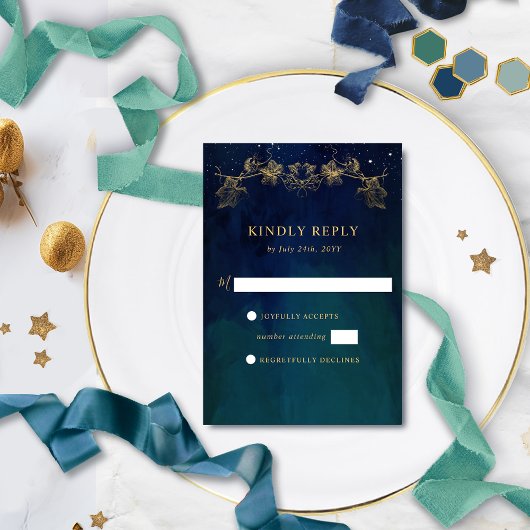Elegante Navy, Blue und Green Celestial Gilded UAW RSVP Karte