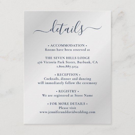 Elegante Navy Blue und Silver Wedding Details Begleitkarte (Vorderseite)