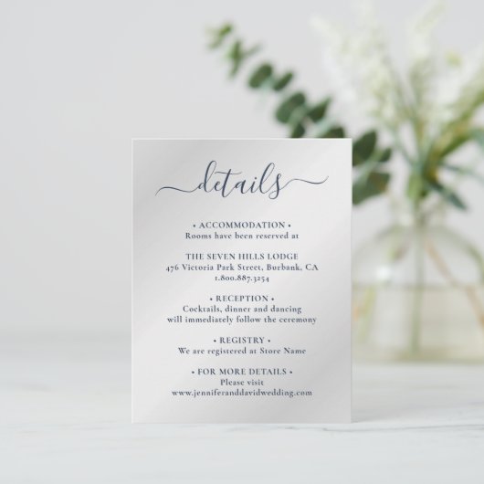 Elegante Navy Blue und Silver Wedding Details Begleitkarte (Stehend Vorderseite)