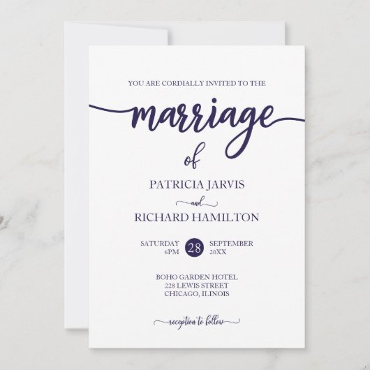 Elegante Navy Blue und White Script Hochzeit Einladung (Vorderseite)