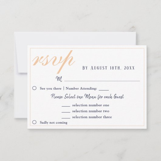 Elegante Navy Blue Wedding Menu RSVP Karte (Vorderseite)