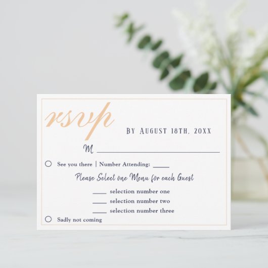 Elegante Navy Blue Wedding Menu RSVP Karte (Stehend Vorderseite)