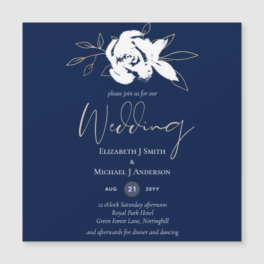 Elegante Navy Blue White Gold Hochzeit Magnetkarte (Vorderseite)