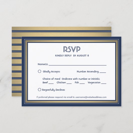 Elegante Navy Blue White & Gold mit Optionen zum E RSVP Karte (Vorne/Hinten)