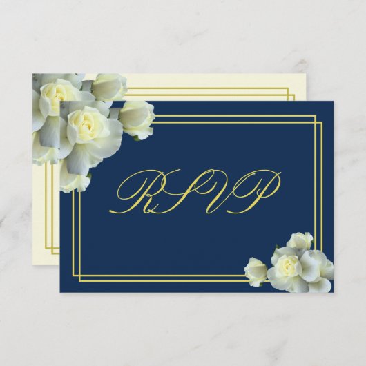Elegante Navy Blue White Roses Minimal RSVP Karte (Vorne/Hinten)