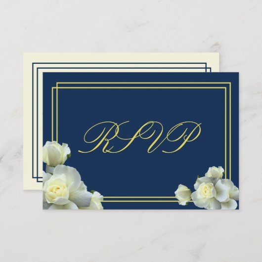 Elegante Navy Blue White Roses Minimal RSVP Karte (Vorne/Hinten)