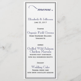Elegante Navy Blue & White Script Wedding Menu Car Menükarte