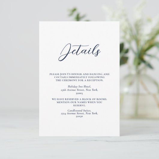 Elegante Navy Blue & White Simple Wedding Begleitkarte (Stehend Vorderseite)