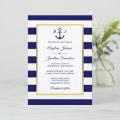 Elegante Navy Blue White Stripes Nautical Wedding Einladung (Stehend Vorderseite)