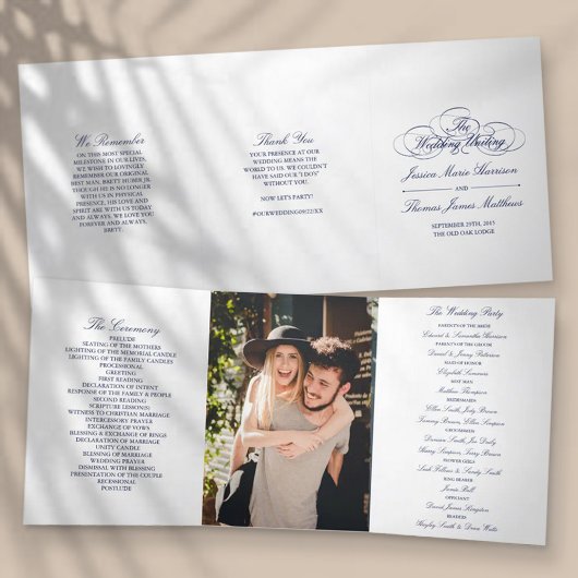 Elegante Navy Blue & White Wedding Dreifach-gefaltete Programmkarte