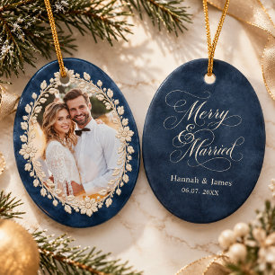 Elegante Navy-Blumen-Hochzeitsfoto Froh & Verheira Keramik Ornament