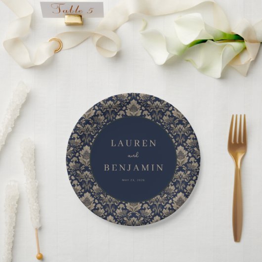 Elegante Navy-Blumen Pappteller (Hochzeit)