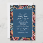 Elegante Navy-Blumen-Teal-RSVP-QR-Code-Hochzeit Einladung (Vorderseite)