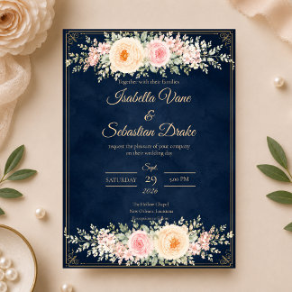 Elegante Navy-Blumenhochzeit Einladung