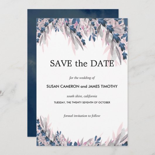 Elegante Navy Blush Aquarellfarben Save the Date (Vorne/Hinten)