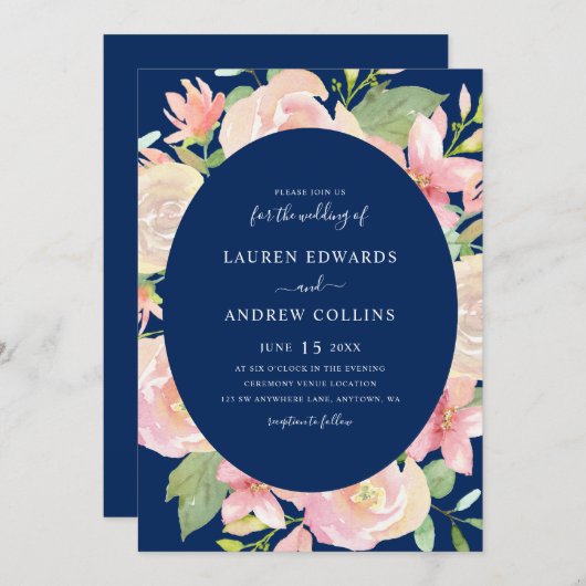 Elegante Navy Blush Bloral Frame Wedding Einladung (Vorne/Hinten)