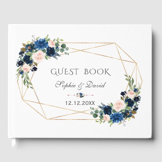 Elegante Navy Blush Blume Bloom Gold Wedding Gästebuch (Vorderseite)