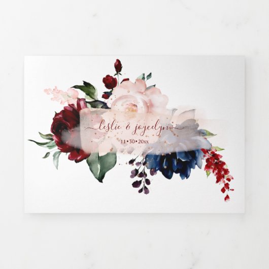 Elegante Navy Blush Burgund Wasserfarbe Blume Dreifach Gefaltete Einladung (Cover)