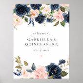 Elegante Navy Blush Floral Quinceañera Willkommen Poster (Vorne)