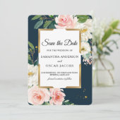 Elegante Navy & Blush Pink Floral Save The Date (Stehend Vorderseite)