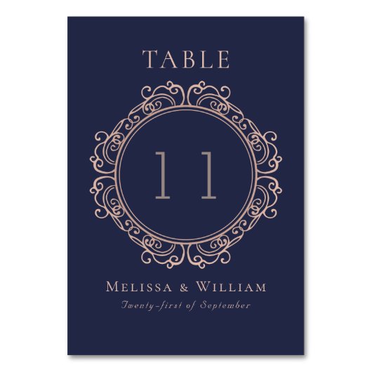 Elegante Navy Blush Wedding Tischnummer (Vorderseite)