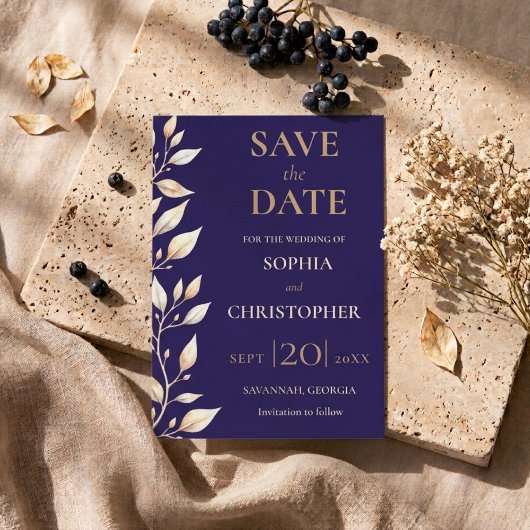 Elegante Navy-Botanik-Rand-Hochzeit Save The Date