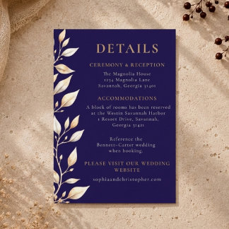 Elegante Navy Botanische Umrandung Hochzeit Begleitkarte