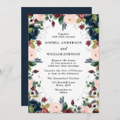 Elegante Navy Burgundy Blush Bloral Wreath Wedding Einladung (Vorne/Hinten)