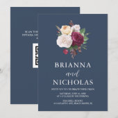Elegante Navy Burgundy Floral All in One Wedding Einladung (Vorne/Hinten)