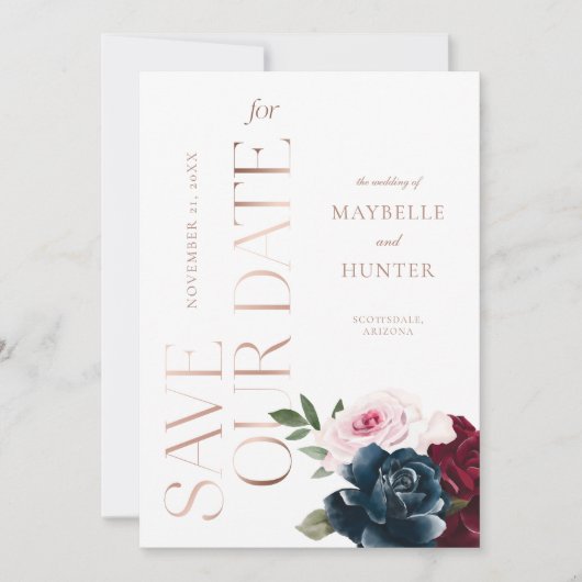 Elegante Navy Burgundy Rose Save The Date (Vorderseite)